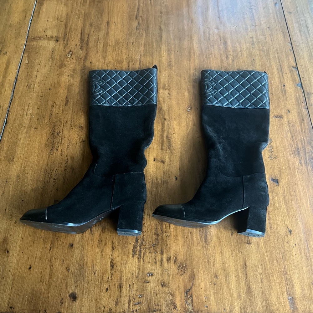 CC black suede & quilted leather knee-high cap toe ridding boots SZ 41 EU 9 US - Picture 6 of 16
